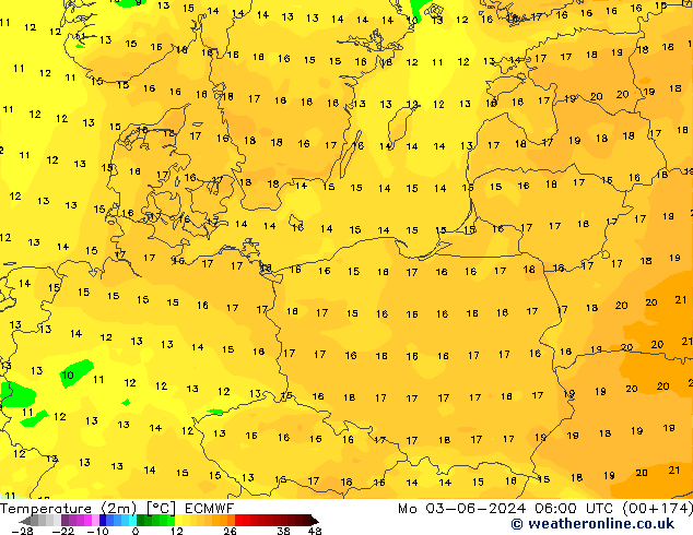 Temperatuurkaart (2m) ECMWF ma 03.06.2024 06 UTC