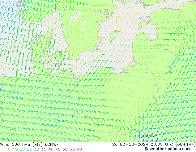 Vento 500 hPa ECMWF dom 02.06.2024 00 UTC