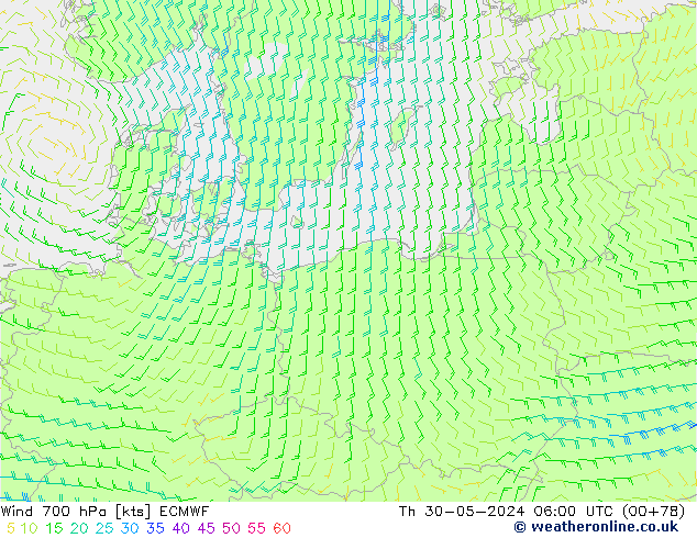 Viento 700 hPa ECMWF jue 30.05.2024 06 UTC