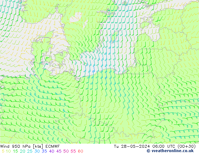 wiatr 950 hPa ECMWF wto. 28.05.2024 06 UTC