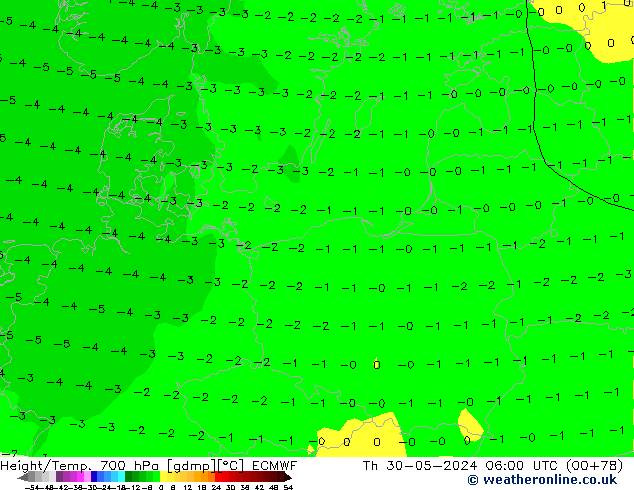 Geop./Temp. 700 hPa ECMWF jue 30.05.2024 06 UTC