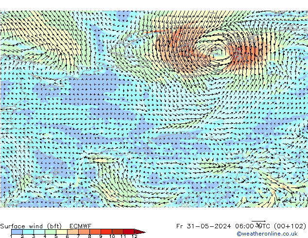 Bodenwind (bft) ECMWF Fr 31.05.2024 06 UTC