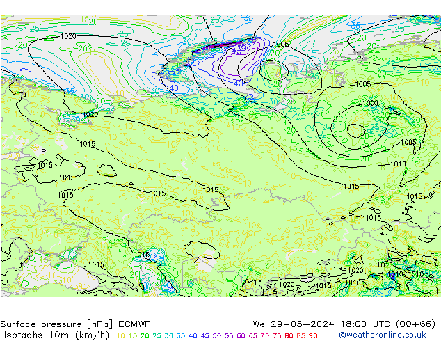 Isotachs (kph) ECMWF Qua 29.05.2024 18 UTC