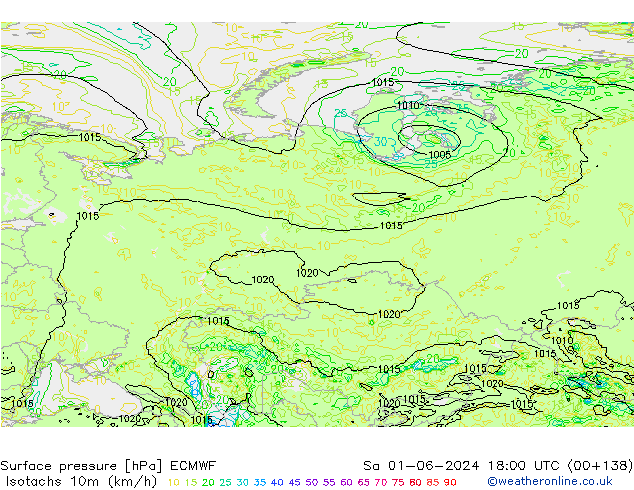 Isotachs (kph) ECMWF sab 01.06.2024 18 UTC