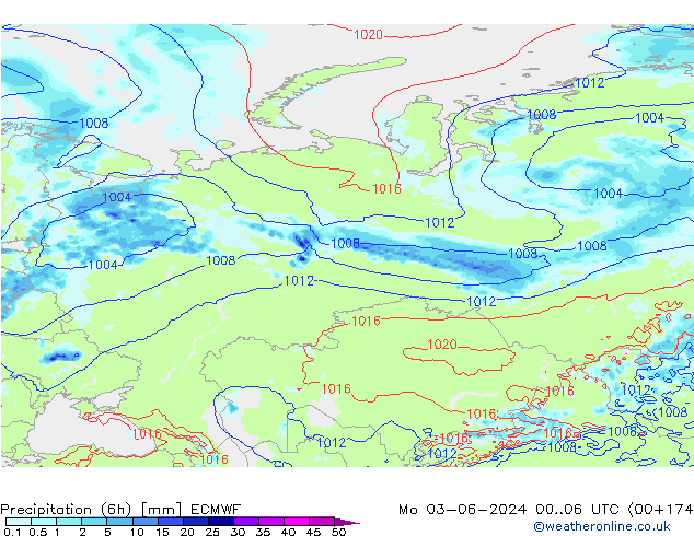 Precipitation (6h) ECMWF Po 03.06.2024 06 UTC