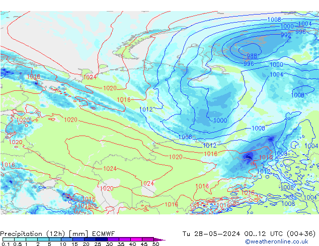 Precipitation (12h) ECMWF Út 28.05.2024 12 UTC