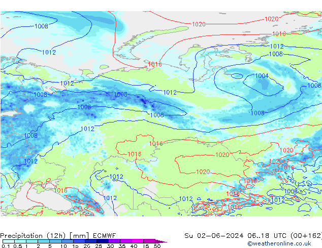 Precipitation (12h) ECMWF Su 02.06.2024 18 UTC