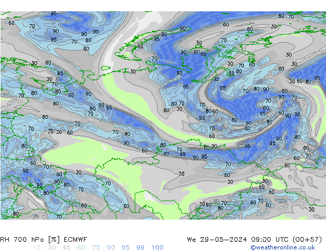 Humedad rel. 700hPa ECMWF mié 29.05.2024 09 UTC