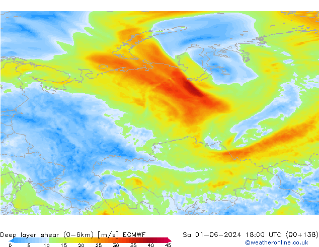 Deep layer shear (0-6km) ECMWF Sa 01.06.2024 18 UTC