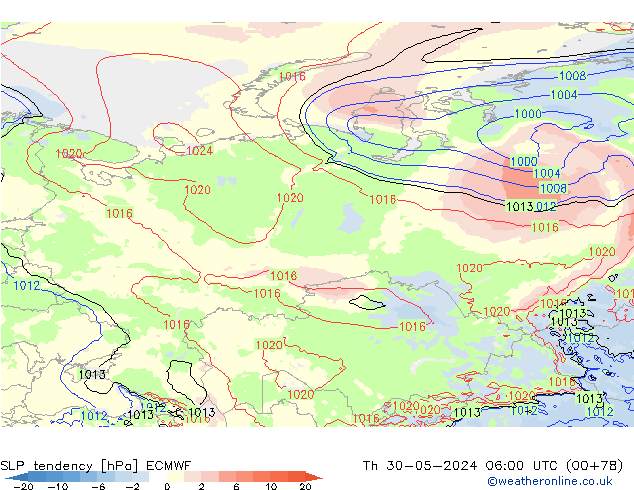 SLP tendency ECMWF Th 30.05.2024 06 UTC