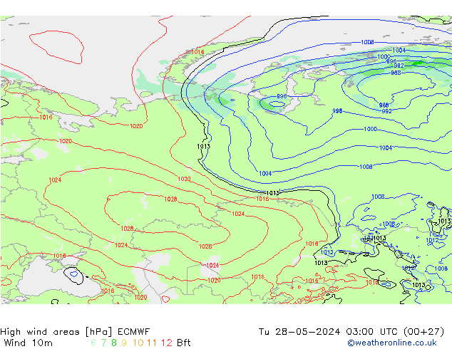 High wind areas ECMWF Út 28.05.2024 03 UTC
