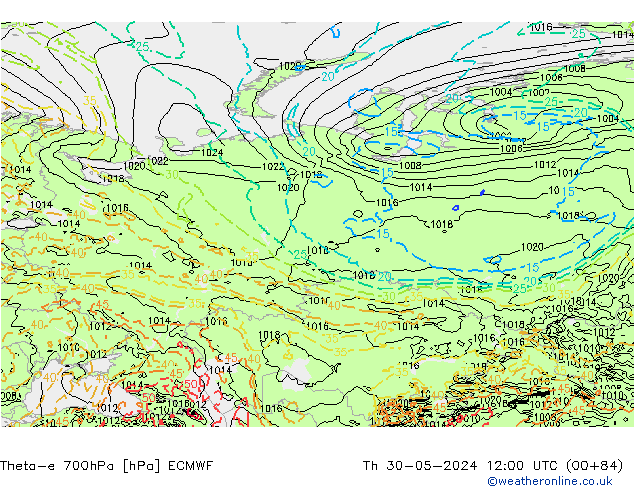 Theta-e 700hPa ECMWF Th 30.05.2024 12 UTC