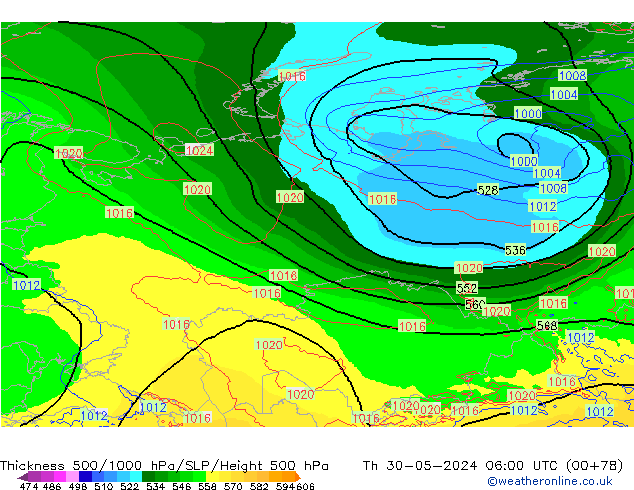 Thck 500-1000гПа ECMWF чт 30.05.2024 06 UTC