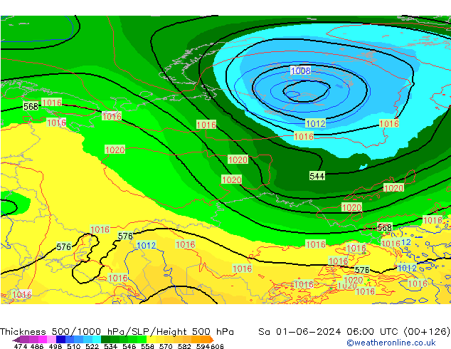 Espesor 500-1000 hPa ECMWF sáb 01.06.2024 06 UTC