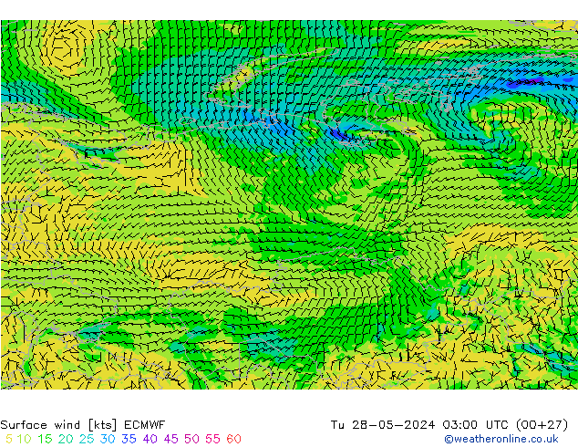 Surface wind ECMWF Út 28.05.2024 03 UTC