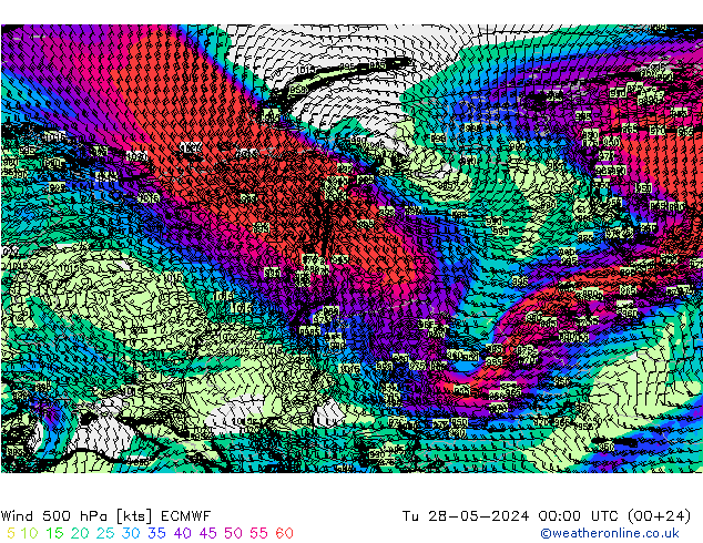 Wind 500 hPa ECMWF Út 28.05.2024 00 UTC