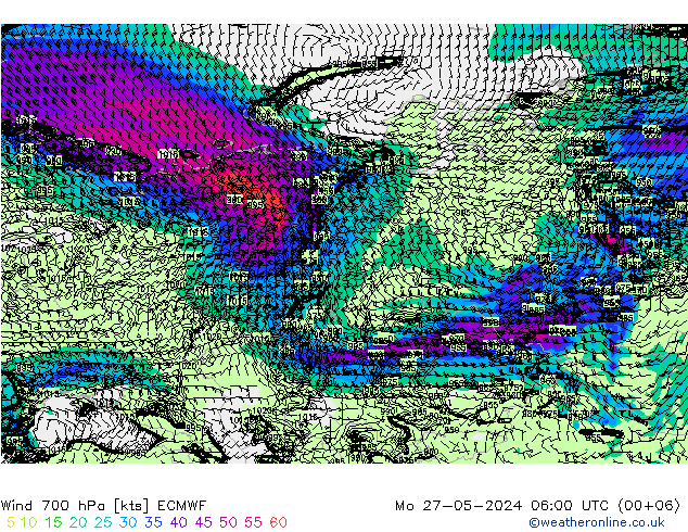 Wind 700 hPa ECMWF Mo 27.05.2024 06 UTC