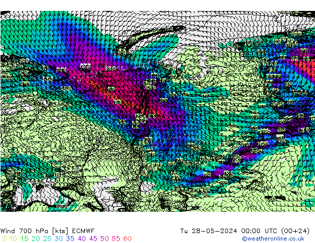 Wind 700 hPa ECMWF Út 28.05.2024 00 UTC