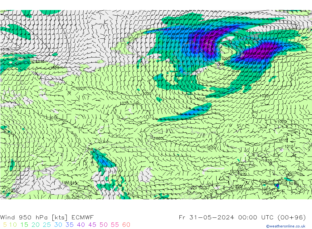 wiatr 950 hPa ECMWF pt. 31.05.2024 00 UTC