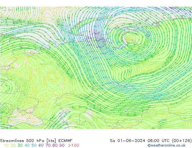 Streamlines 500 hPa ECMWF So 01.06.2024 06 UTC