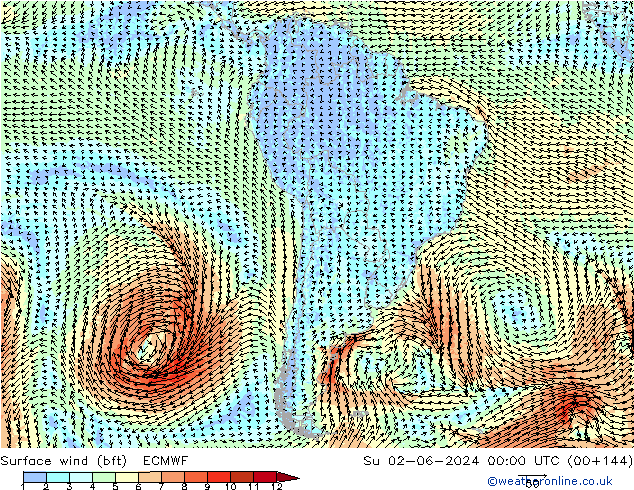 Vento 10 m (bft) ECMWF Dom 02.06.2024 00 UTC