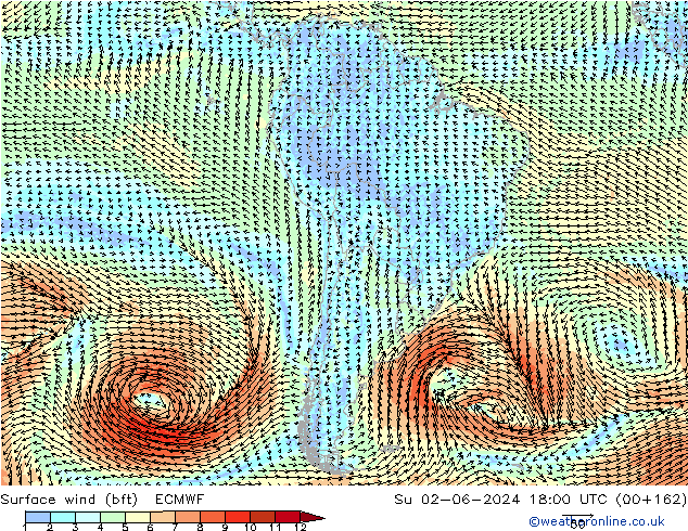 Vent 10 m (bft) ECMWF dim 02.06.2024 18 UTC