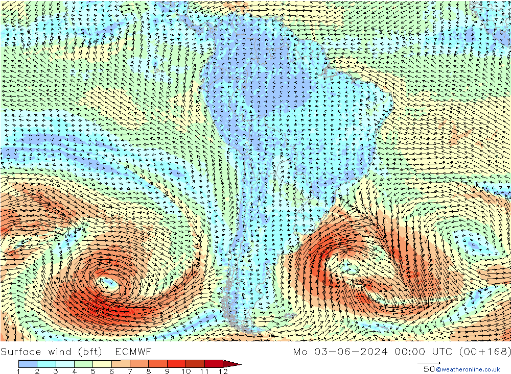 ве�Bе�@ 10 m (bft) ECMWF пн 03.06.2024 00 UTC