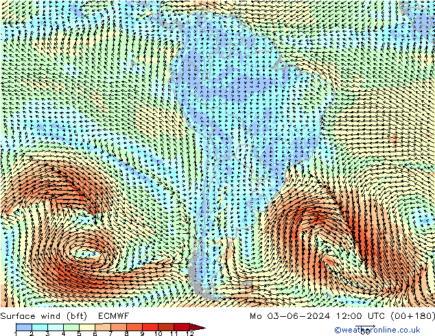 Surface wind (bft) ECMWF Po 03.06.2024 12 UTC