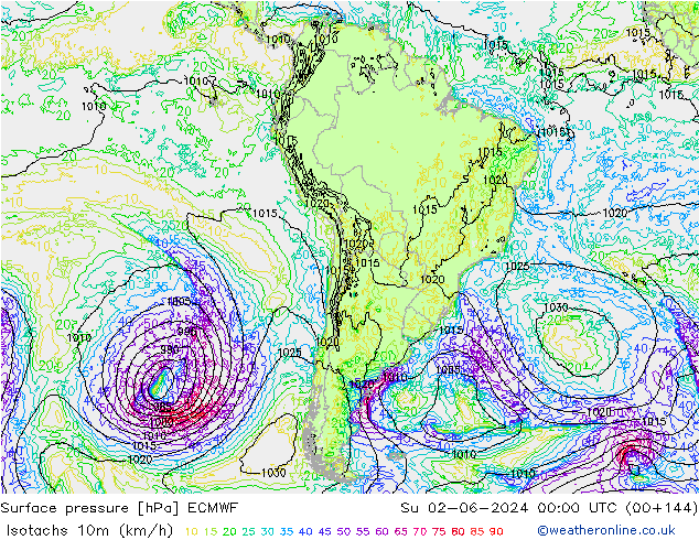 Isotachs (kph) ECMWF dom 02.06.2024 00 UTC