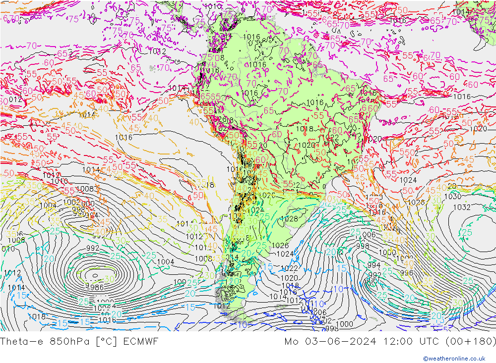 Theta-e 850hPa ECMWF Po 03.06.2024 12 UTC