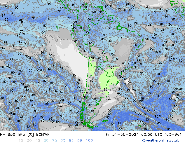 RH 850 гПа ECMWF пт 31.05.2024 00 UTC