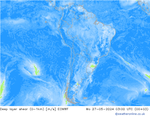 Deep layer shear (0-1km) ECMWF pon. 27.05.2024 03 UTC