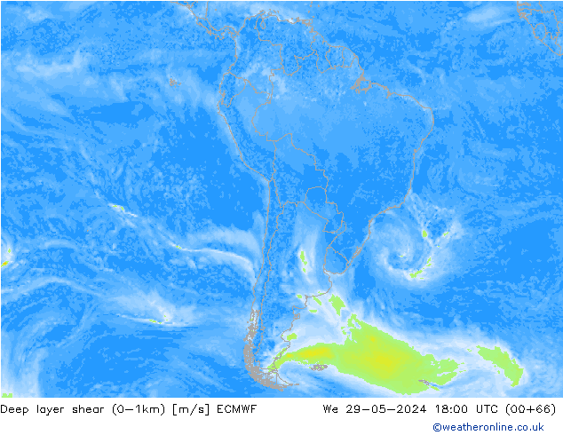 Deep layer shear (0-1km) ECMWF Çar 29.05.2024 18 UTC