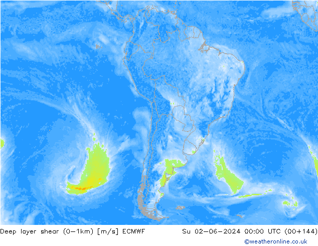 Deep layer shear (0-1km) ECMWF Dom 02.06.2024 00 UTC