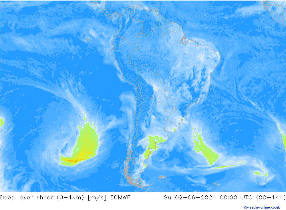 Deep layer shear (0-1km) ECMWF Dom 02.06.2024 00 UTC