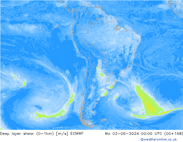 Deep layer shear (0-1km) ECMWF Mo 03.06.2024 00 UTC