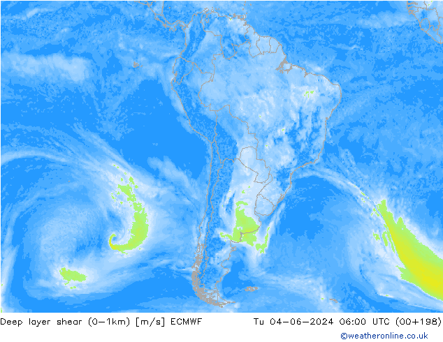 Deep layer shear (0-1km) ECMWF вт 04.06.2024 06 UTC