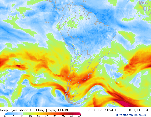 Deep layer shear (0-6km) ECMWF vr 31.05.2024 00 UTC