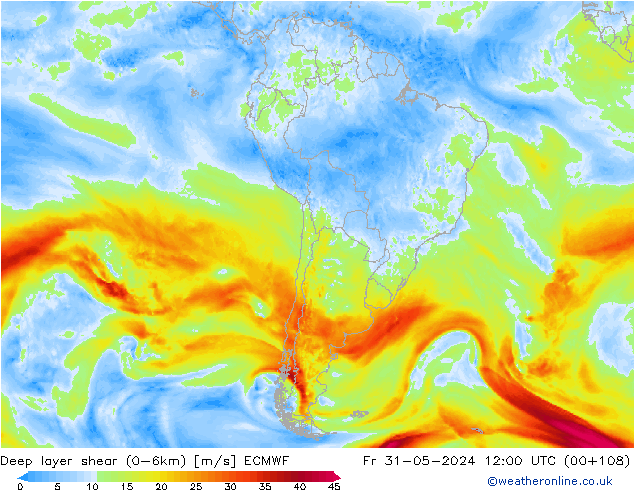 Deep layer shear (0-6km) ECMWF Sex 31.05.2024 12 UTC