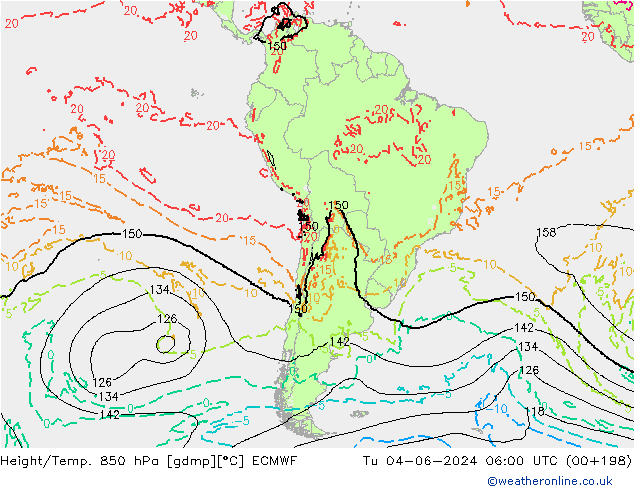 Hoogte/Temp. 850 hPa ECMWF di 04.06.2024 06 UTC