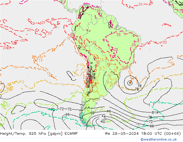 Hoogte/Temp. 925 hPa ECMWF wo 29.05.2024 18 UTC