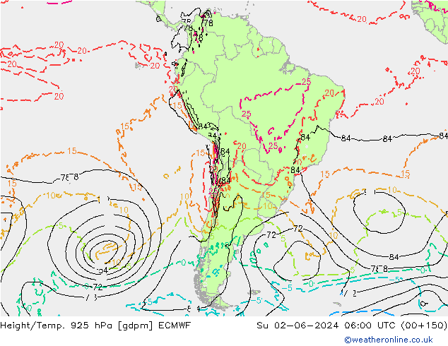 Height/Temp. 925 hPa ECMWF Dom 02.06.2024 06 UTC