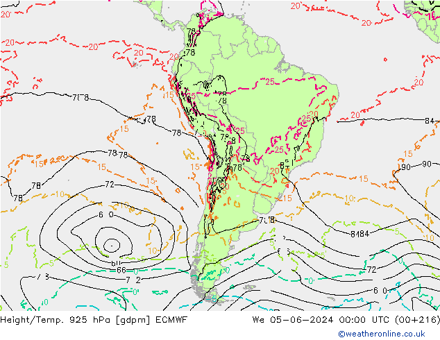 Height/Temp. 925 hPa ECMWF We 05.06.2024 00 UTC