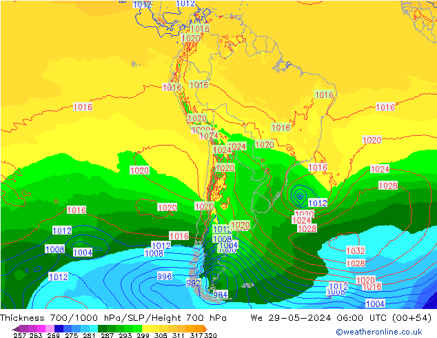 Thck 700-1000 hPa ECMWF We 29.05.2024 06 UTC