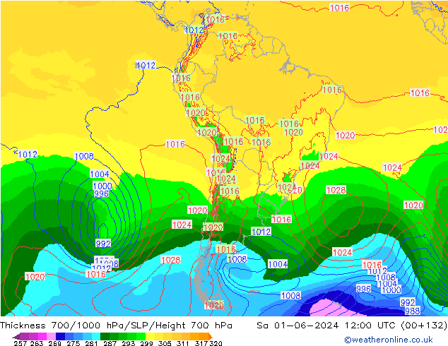 Espesor 700-1000 hPa ECMWF sáb 01.06.2024 12 UTC