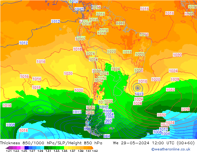 Thck 850-1000 hPa ECMWF mer 29.05.2024 12 UTC