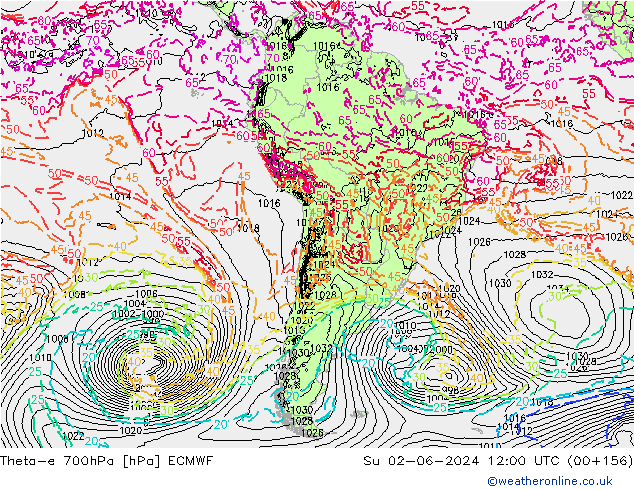 Theta-e 700hPa ECMWF Paz 02.06.2024 12 UTC