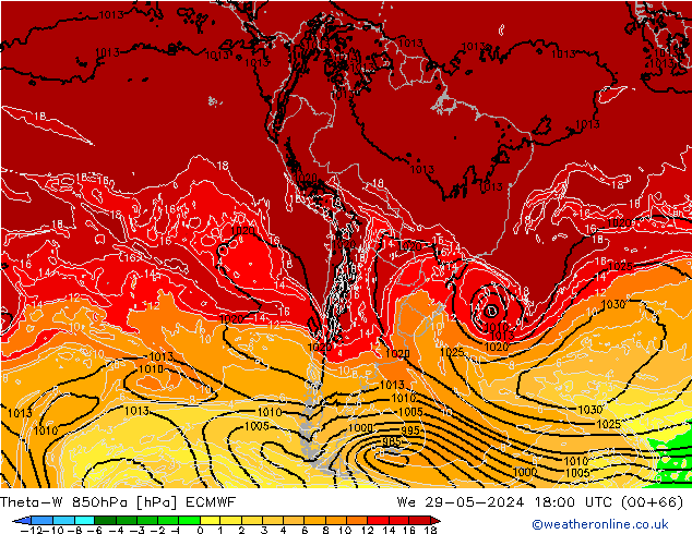 Theta-W 850hPa ECMWF śro. 29.05.2024 18 UTC