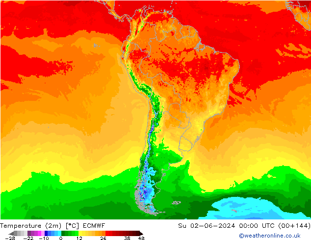 Temperature (2m) ECMWF Su 02.06.2024 00 UTC