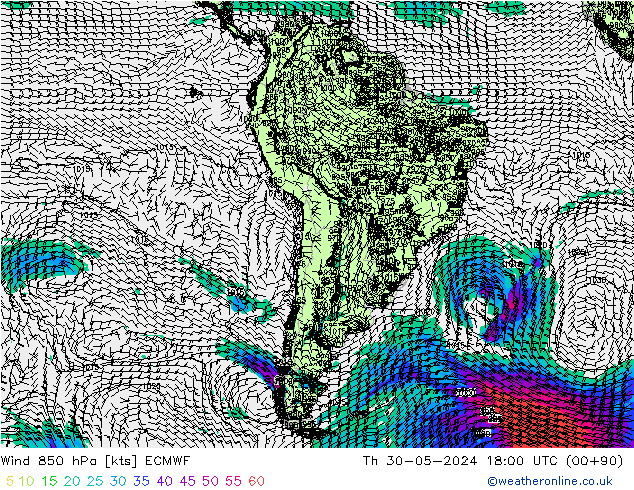 wiatr 850 hPa ECMWF czw. 30.05.2024 18 UTC